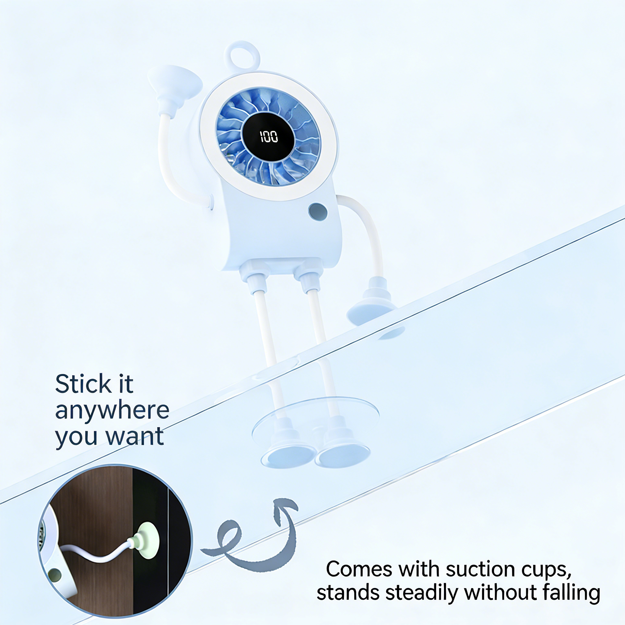 Handheld Suction Cup Fan With LED Light & Digital Display