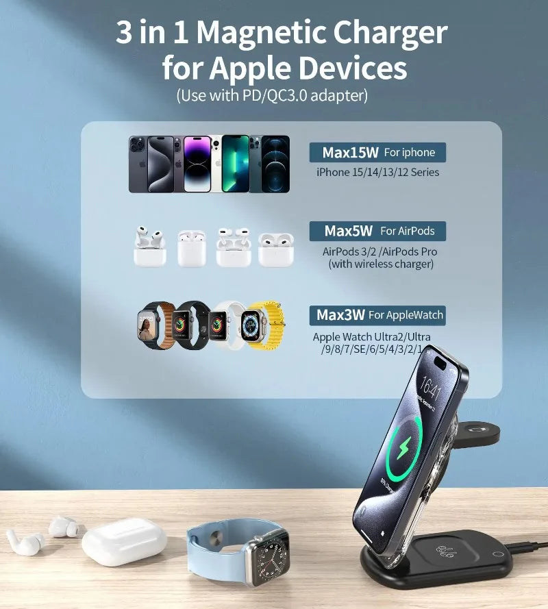 3 In 1 Transparent & Foldable Magnetic Wireless Phone Charger
