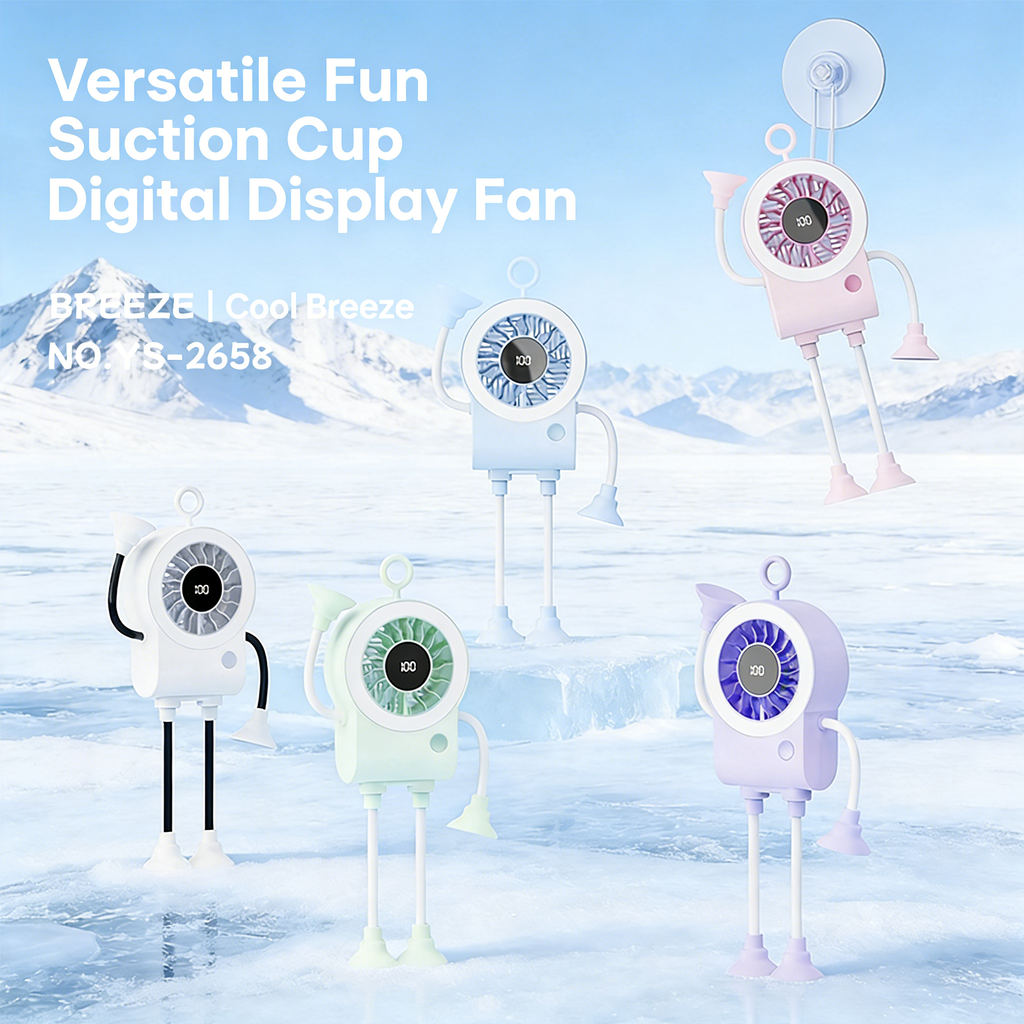 Handheld Suction Cup Fan With LED Light & Digital Display