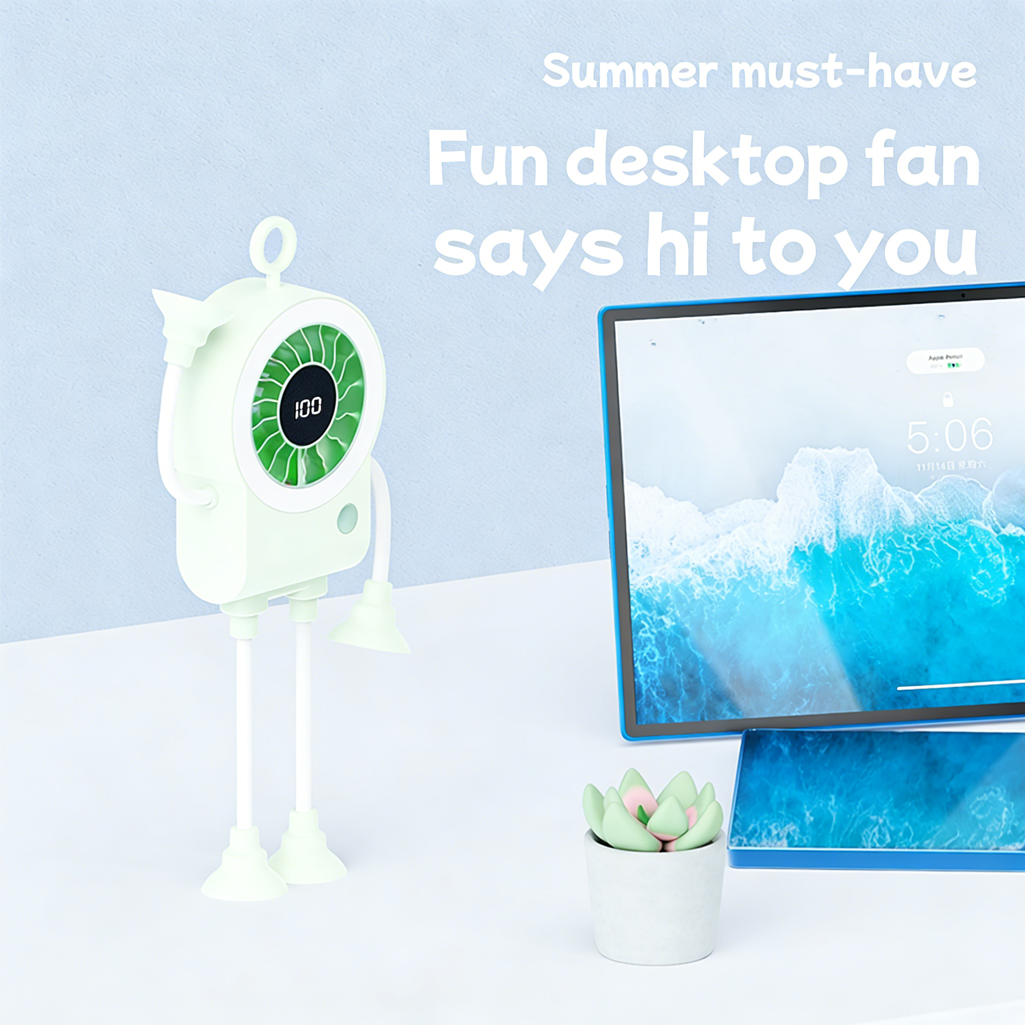 Handheld Suction Cup Fan With LED Light & Digital Display