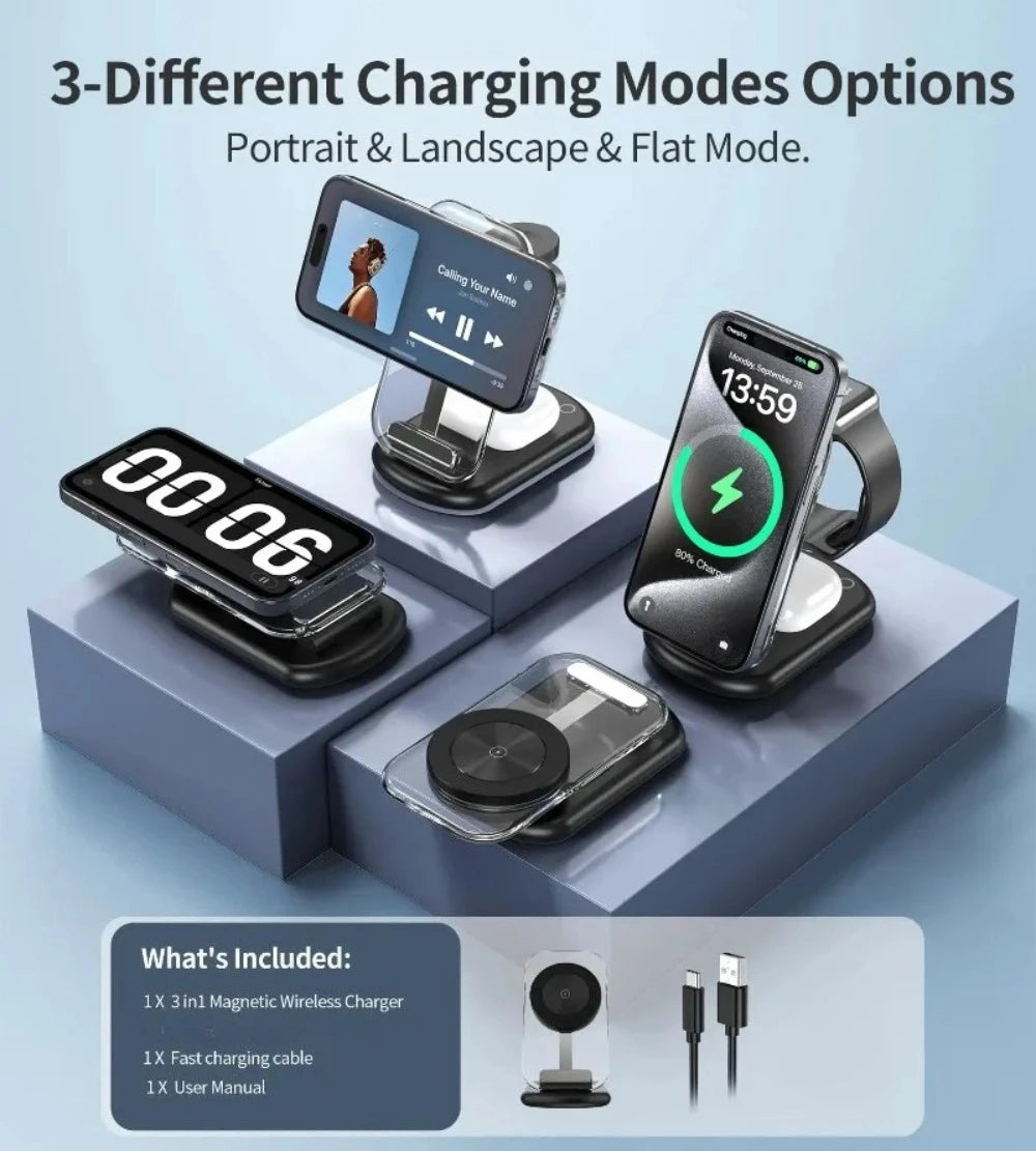 3 In 1 Transparent & Foldable Magnetic Wireless Phone Charger
