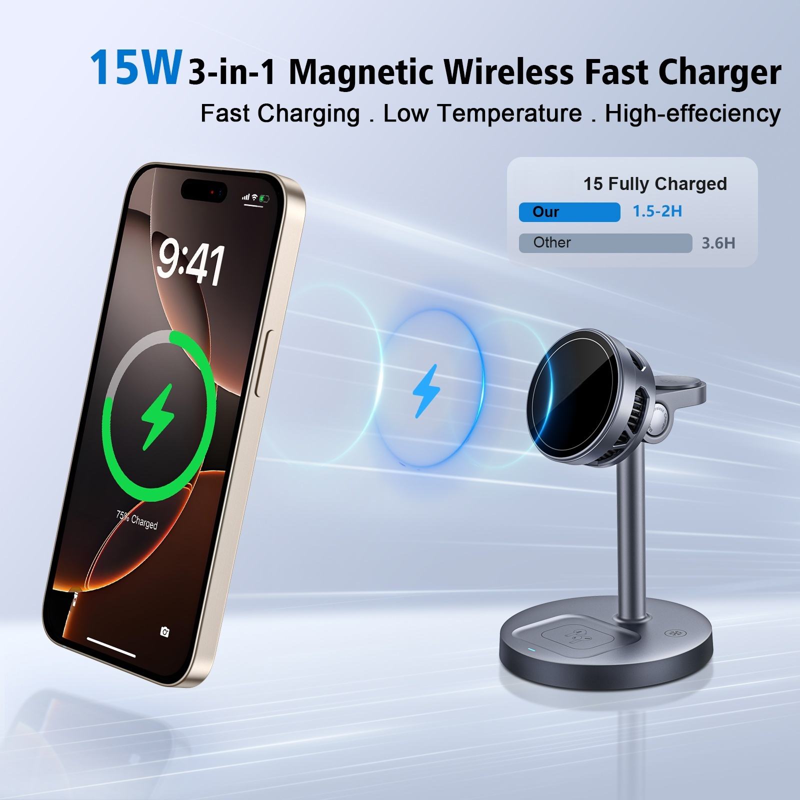 3 In 1 Fast Wireless Magnetic Charger Stand With Active Cooling
