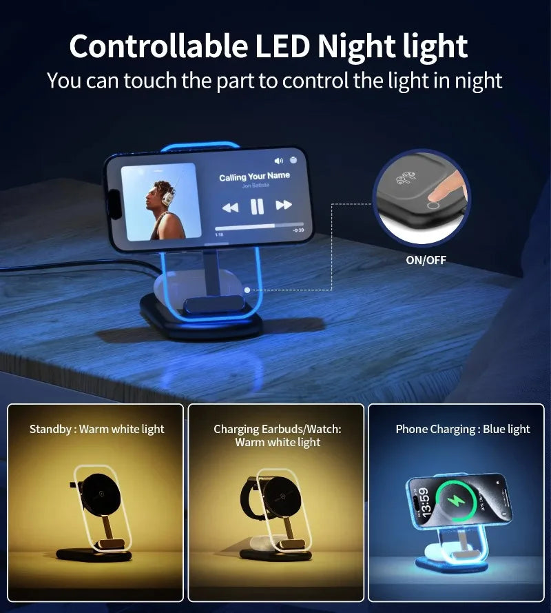 3 In 1 Transparent & Foldable Magnetic Wireless Phone Charger